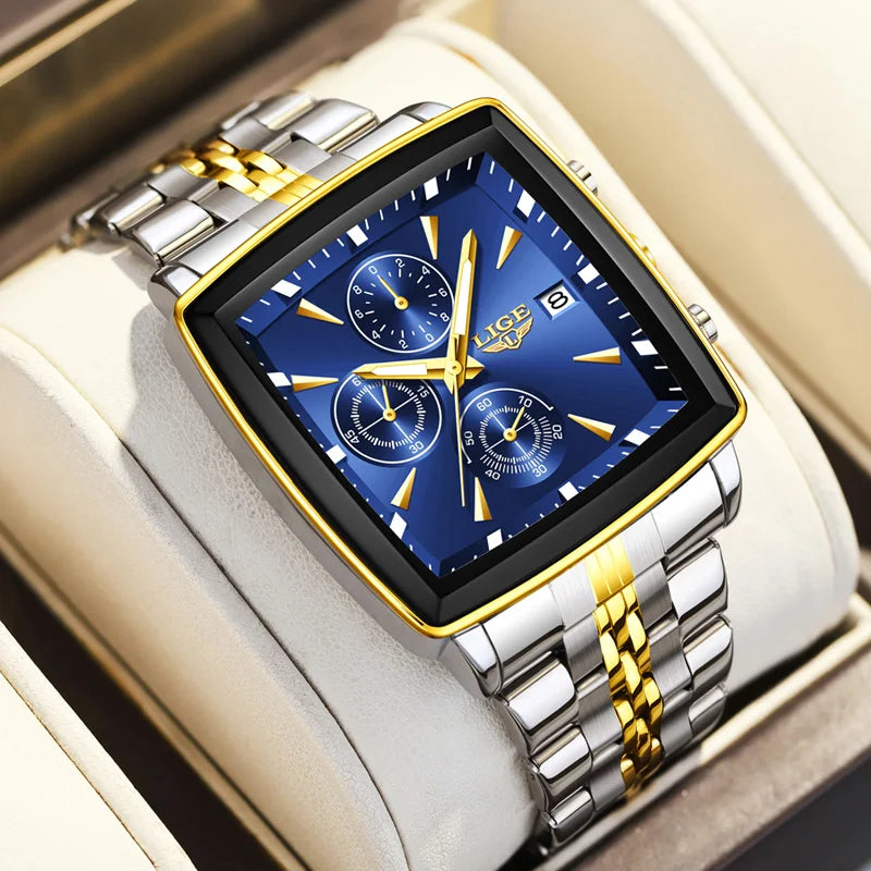 LIGE Men's Square Luminous Chronograph Watch