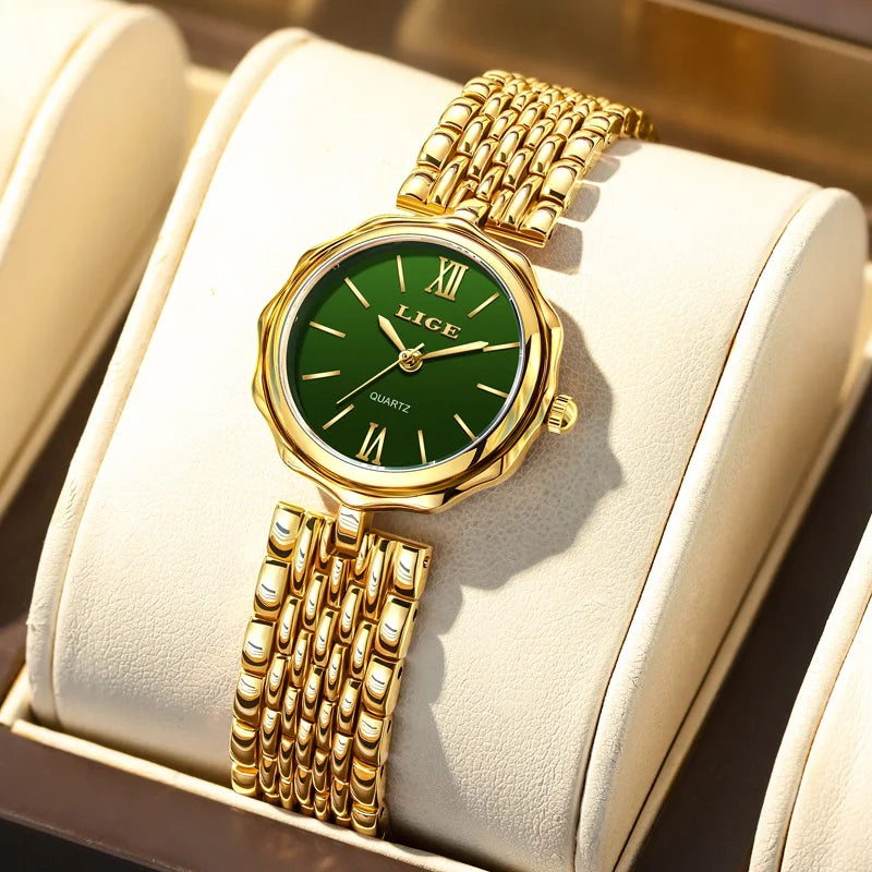 LIGE Elegant Square Quartz Watch – Gold Stainless Steel