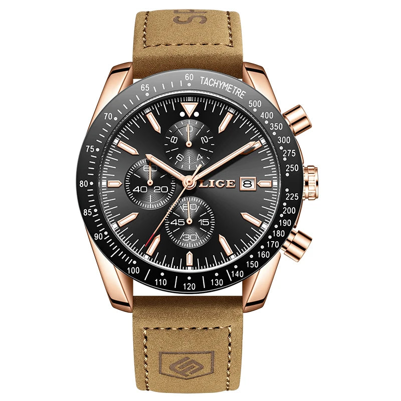 LIGE Men's Military Leather Sports Watch