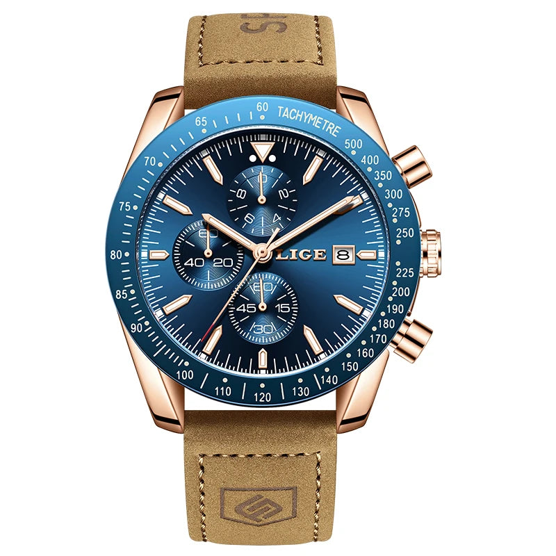 LIGE Men's Military Leather Sports Watch