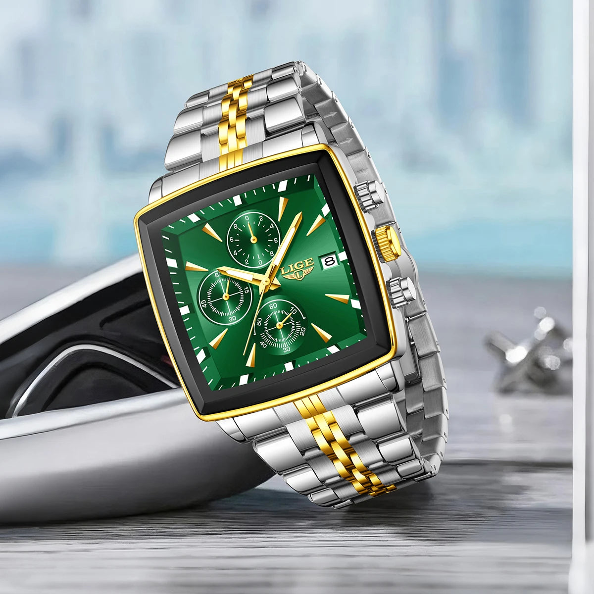 LIGE Men's Square Luminous Chronograph Watch