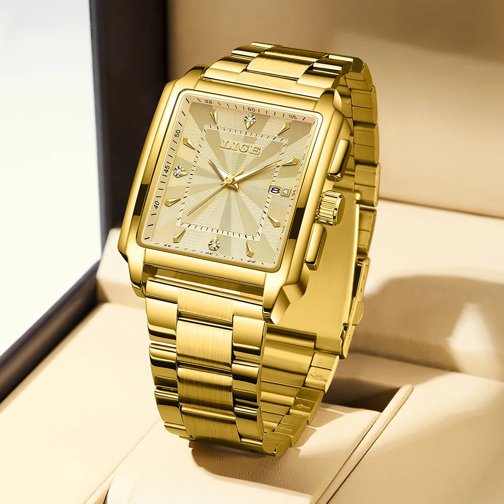 LIGE Luxury Square Sports Watch – Gold Stainless Steel