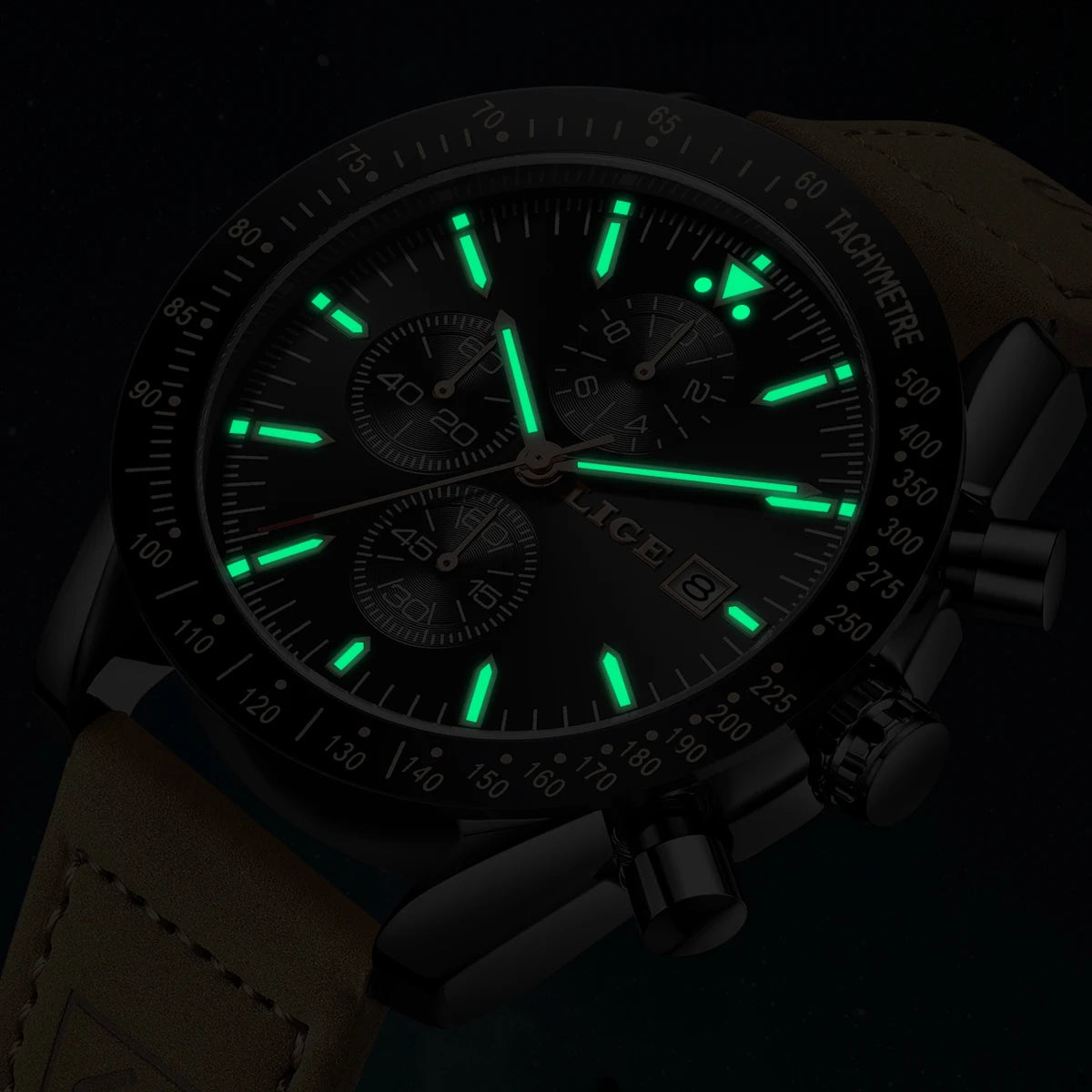 LIGE Men's Military Leather Sports Watch