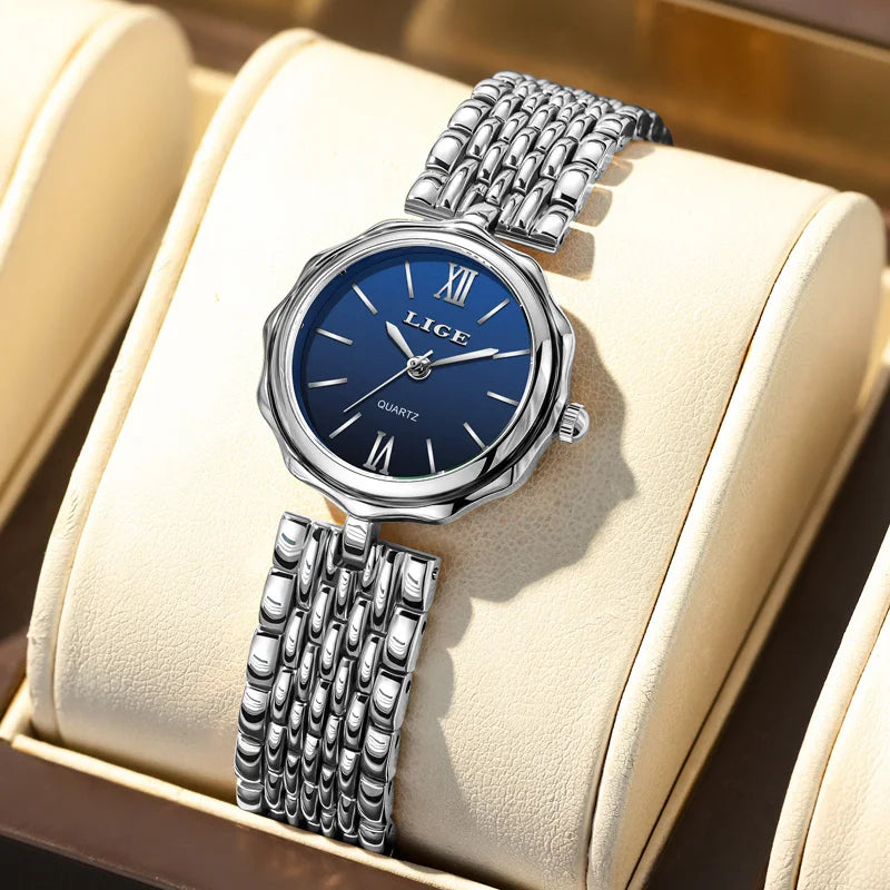 LIGE Elegant Square Quartz Watch – Gold Stainless Steel