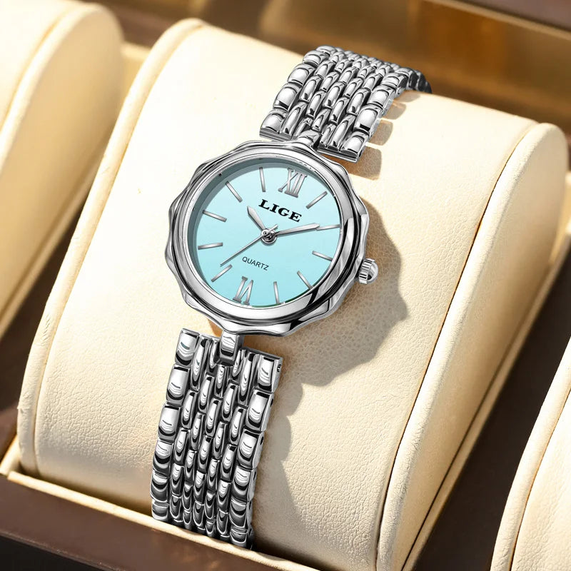 LIGE Elegant Square Quartz Watch – Gold Stainless Steel