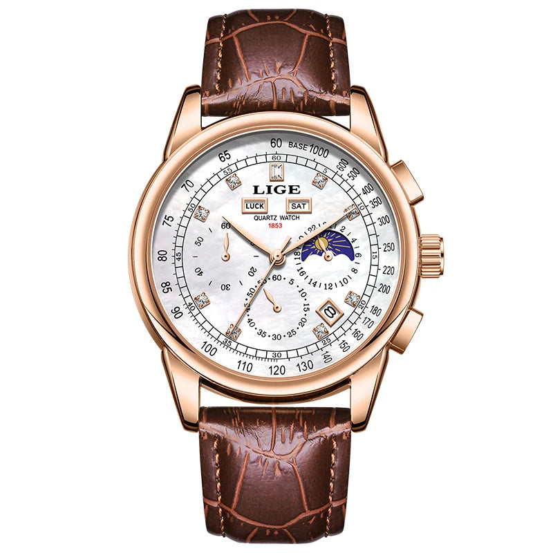 LIGE Men's Business Quartz Watch with Moon Phase