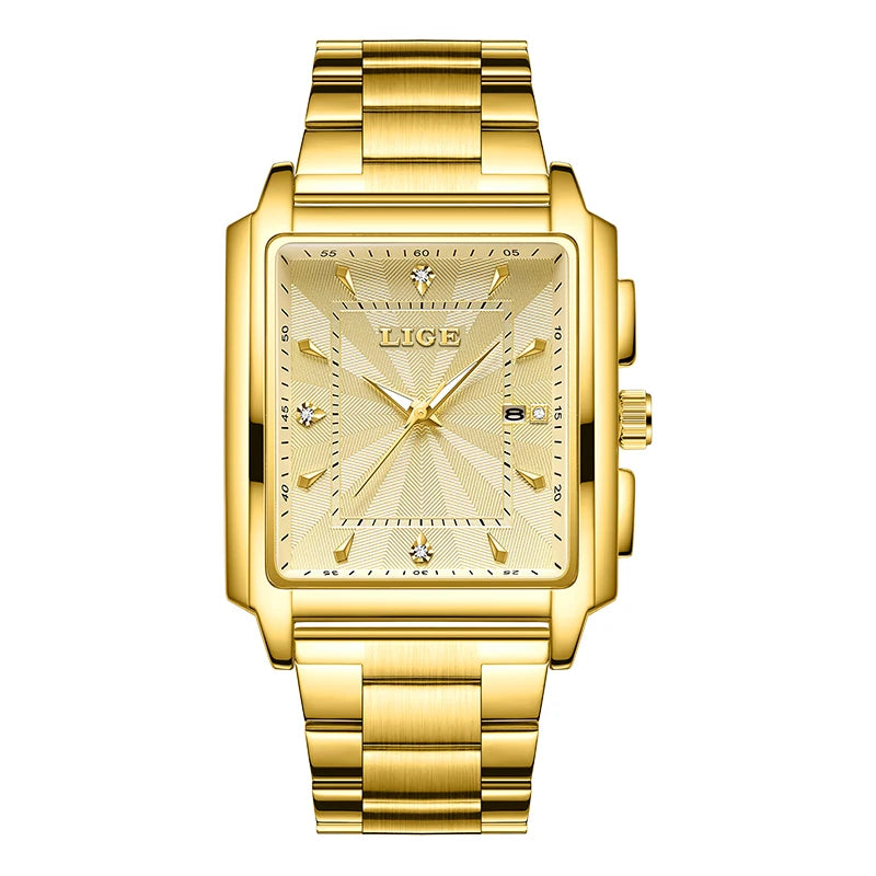 LIGE Luxury Square Sports Watch – Gold Stainless Steel