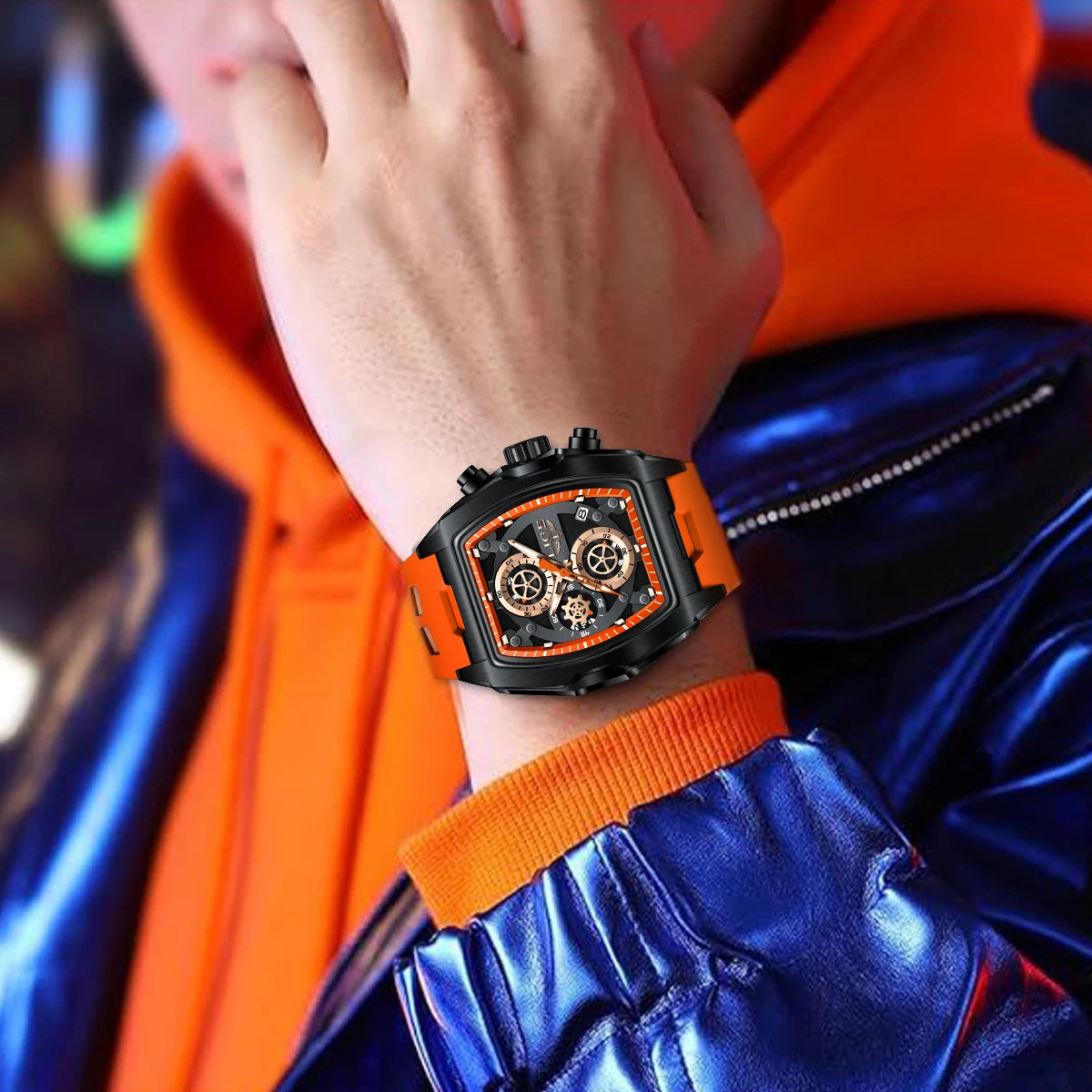 LIGE Men's Orange Sports Chronograph Watch