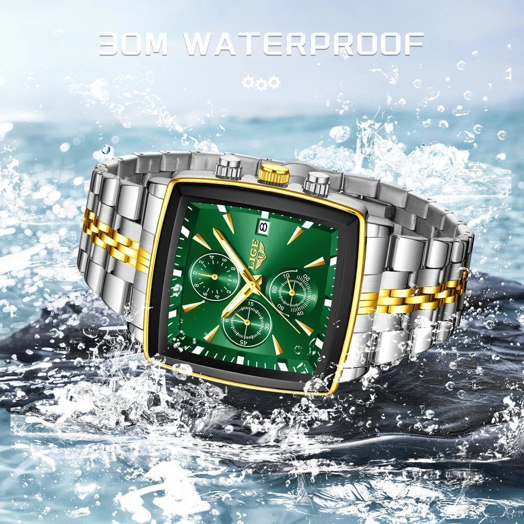 LIGE Men's Square Luminous Chronograph Watch