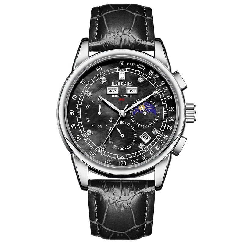 LIGE Men's Business Quartz Watch with Moon Phase