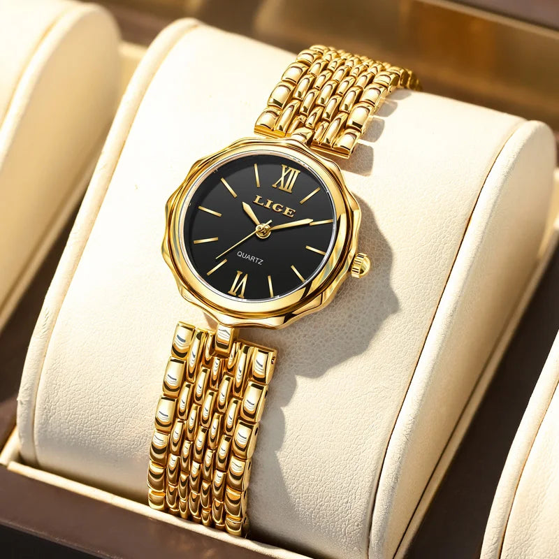 LIGE Elegant Square Quartz Watch – Gold Stainless Steel