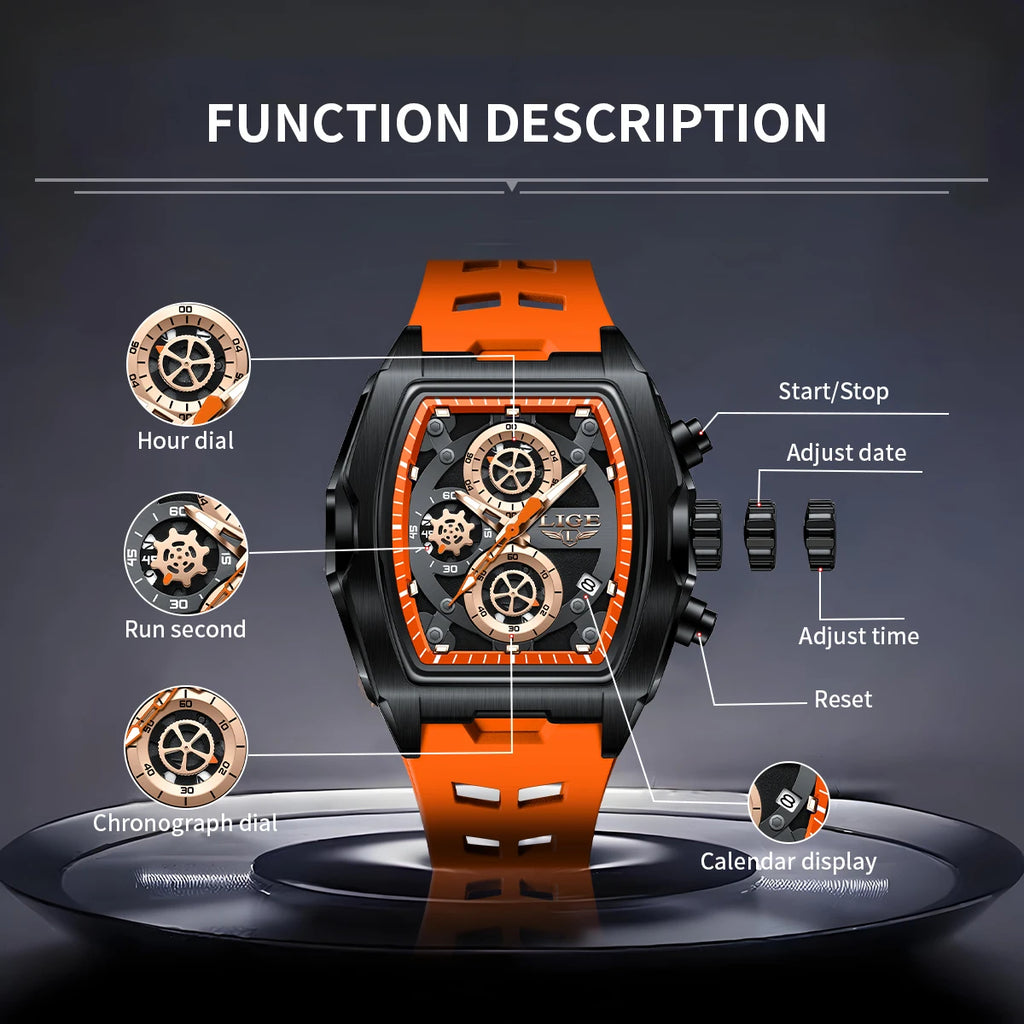 LIGE Men's Orange Sports Chronograph Watch