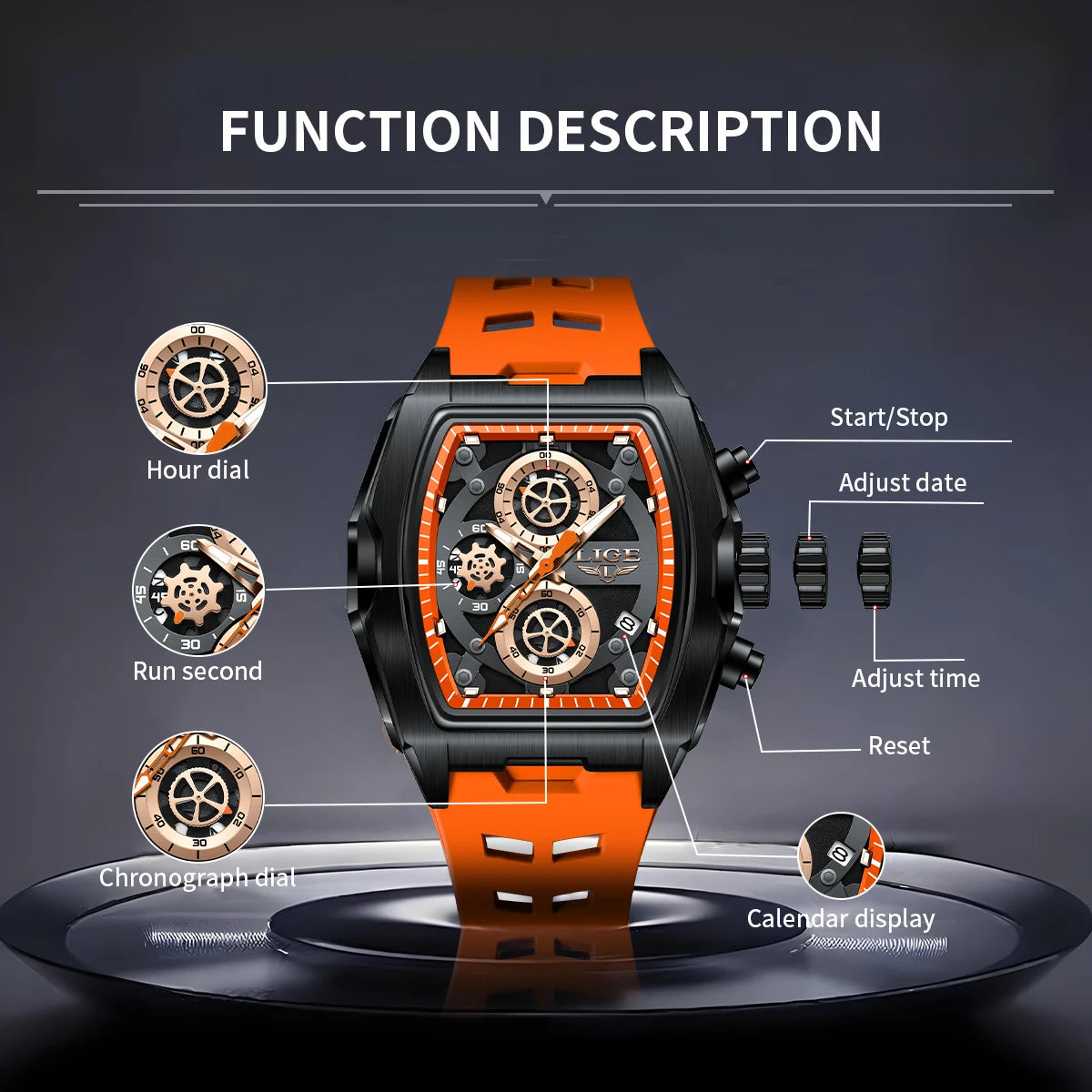LIGE Men's Orange Sports Chronograph Watch
