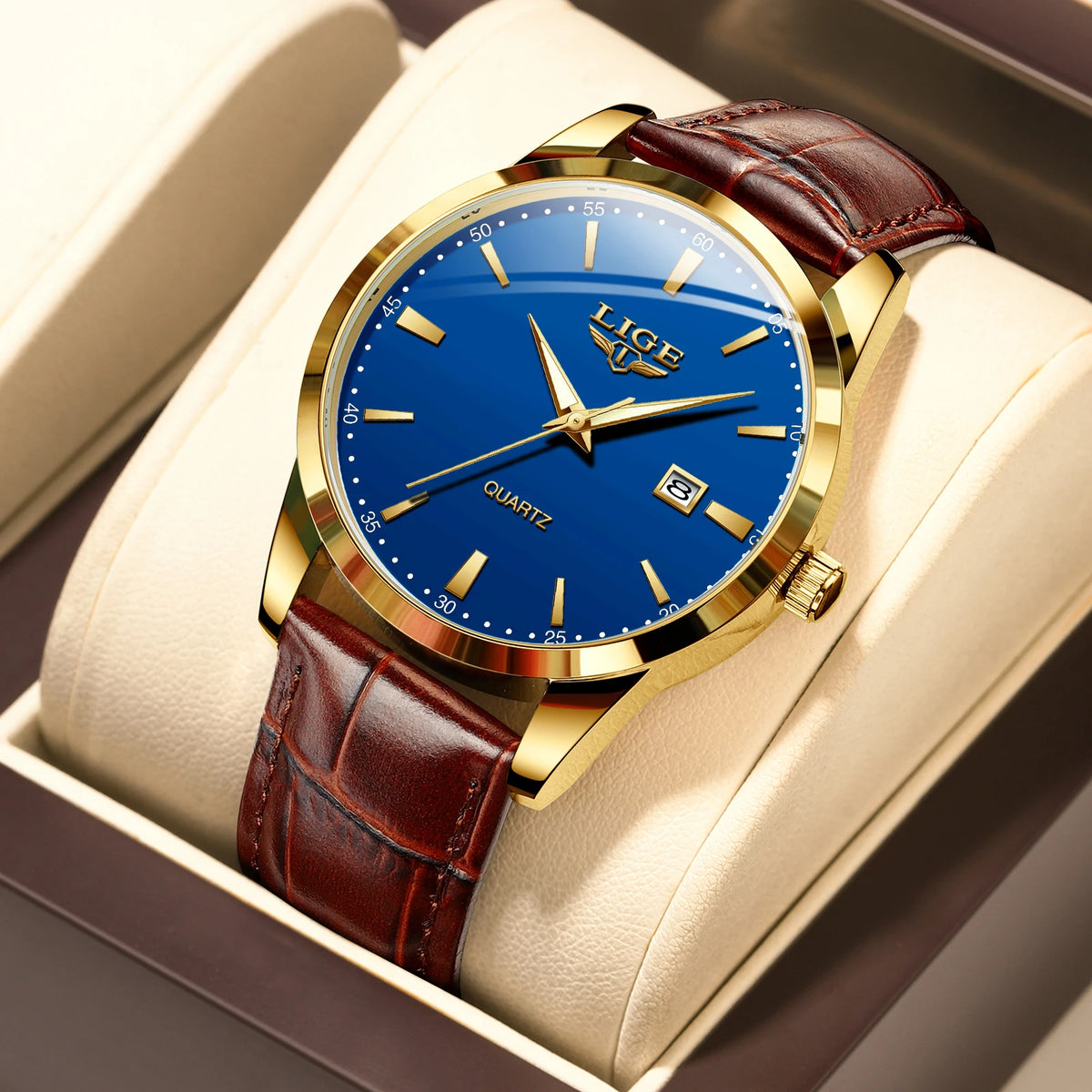 LIGE Men's Military Leather Quartz Watch