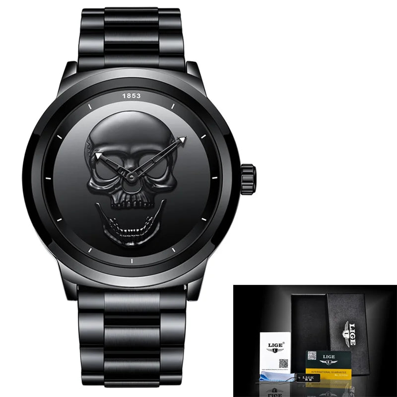 LIGE Skull Head Luxury Quartz Watch – Stainless Steel Punk Edition for Men