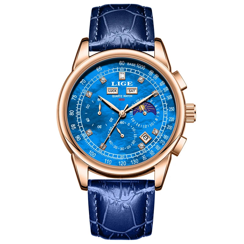 LIGE Men's Business Quartz Watch with Moon Phase