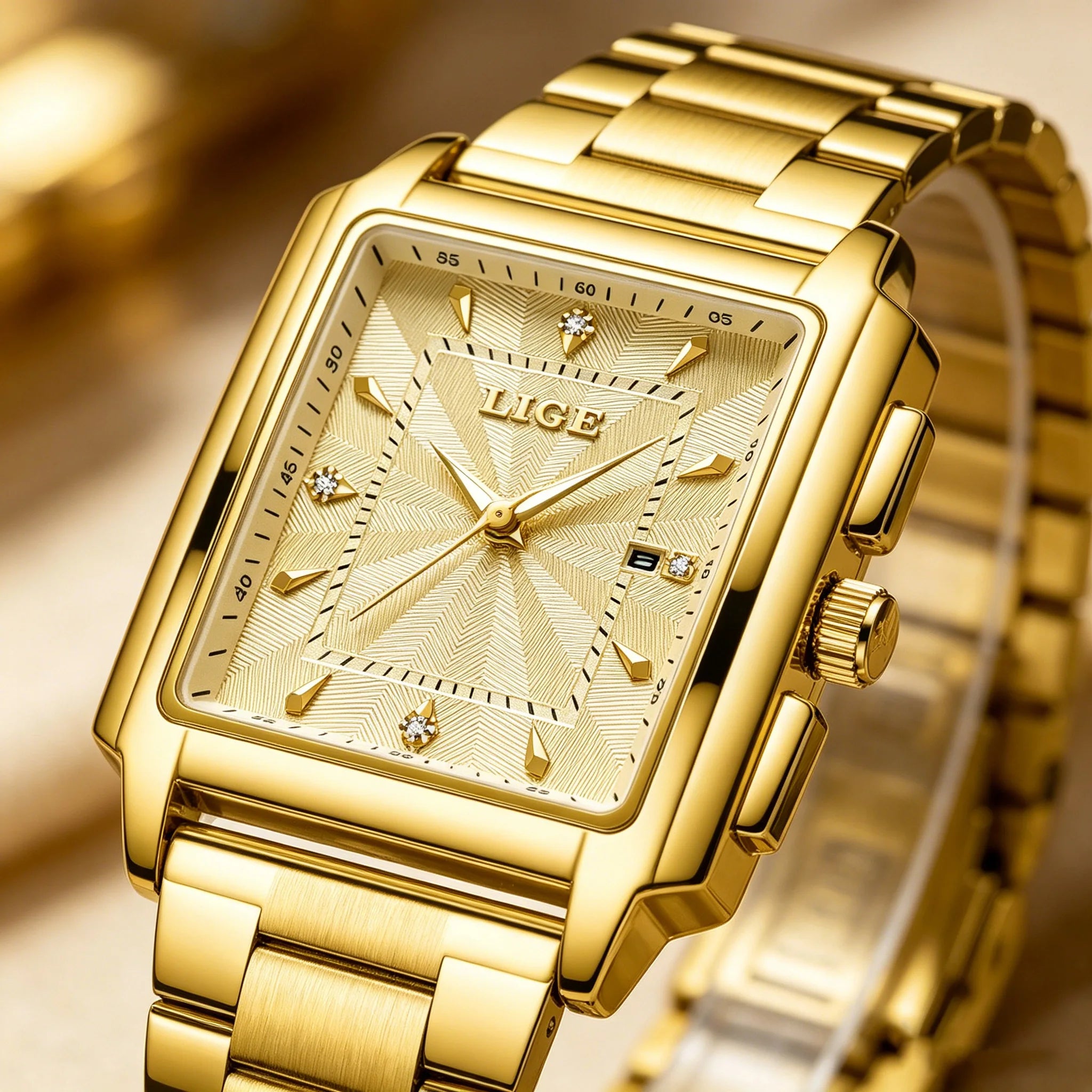 LIGE Luxury Square Sports Watch – Gold Stainless Steel