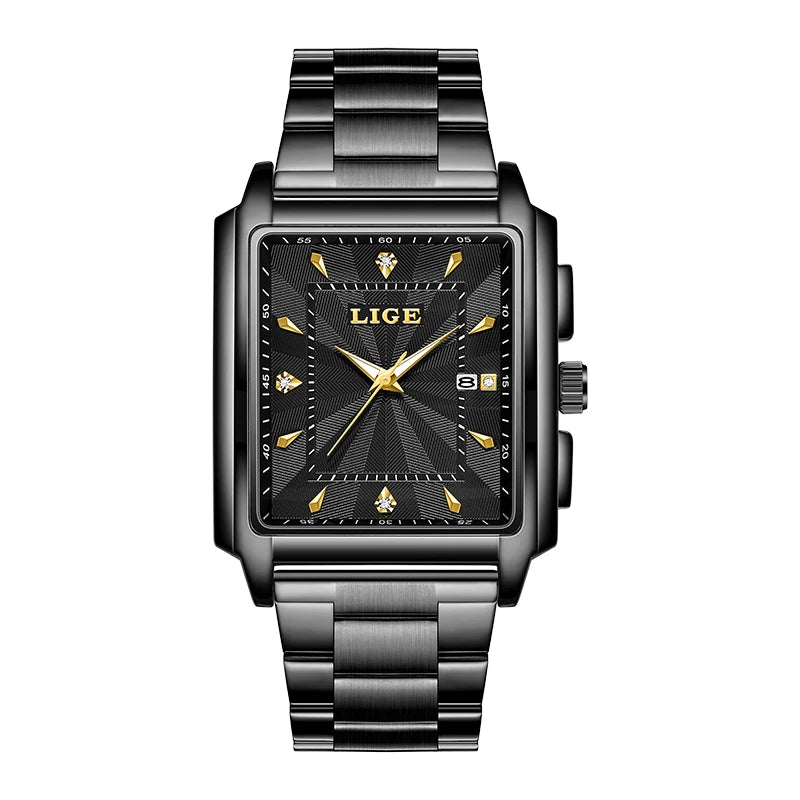 LIGE Luxury Square Sports Watch – Gold Stainless Steel