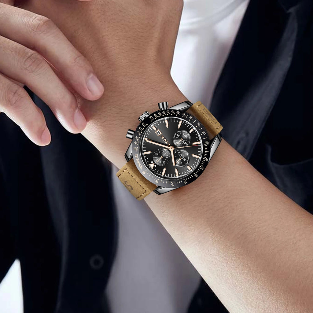 LIGE Men's Military Leather Sports Watch
