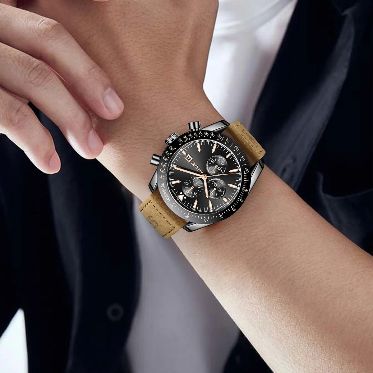 LIGE Men's Military Leather Sports Watch